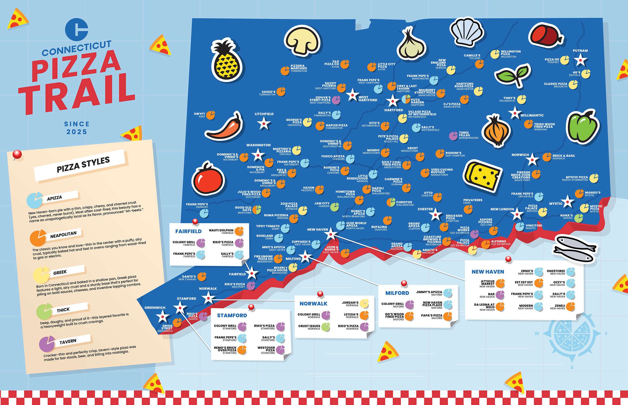 Mapa de la ruta de la pizza de Connecticut