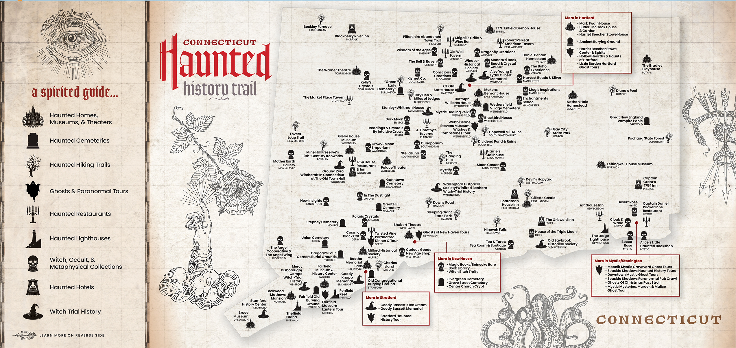 Mapa de la ruta histórica embrujada de Connecticut