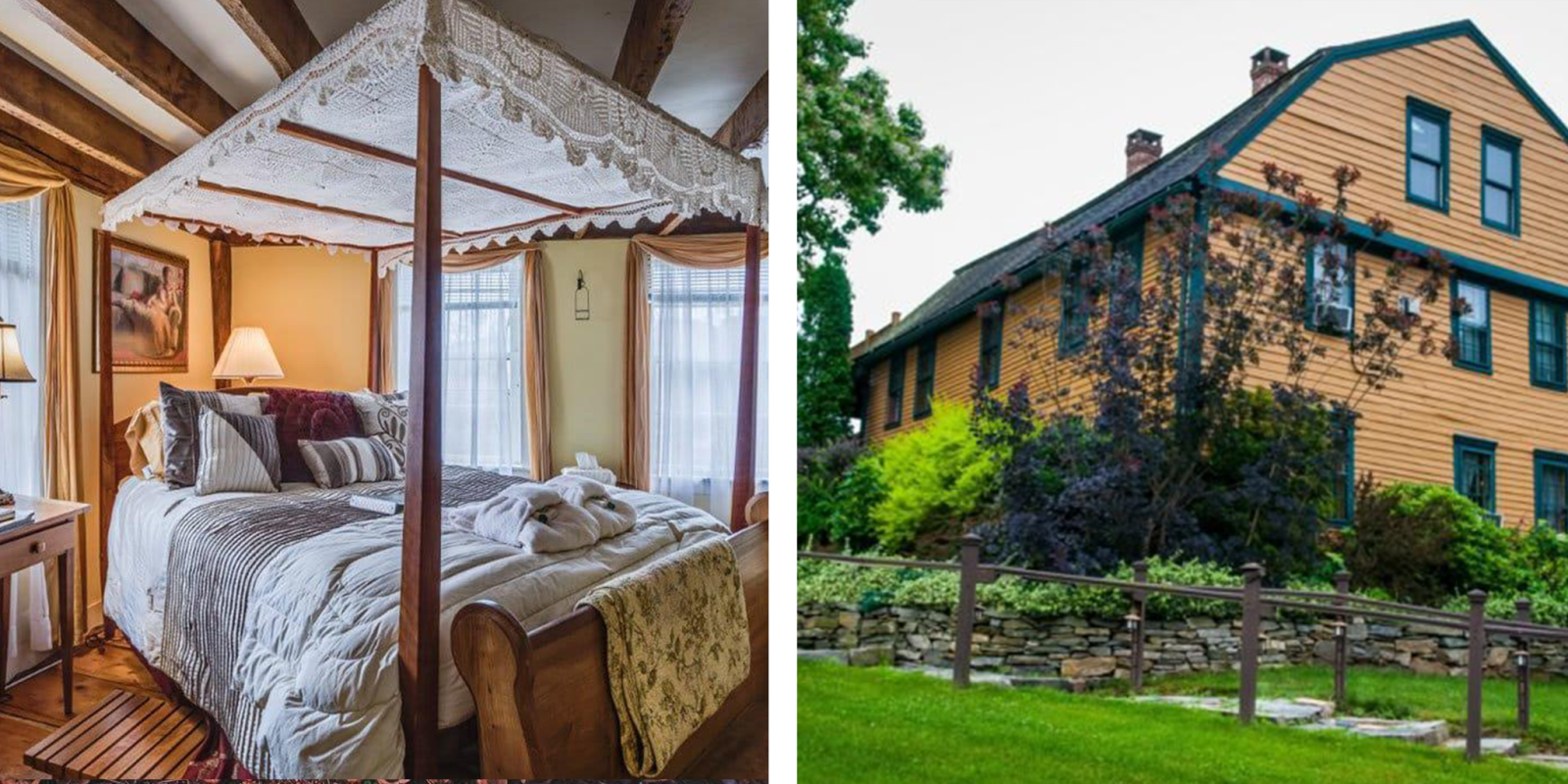 Cozy bedroom with canopy bed and yellow historic house exterior