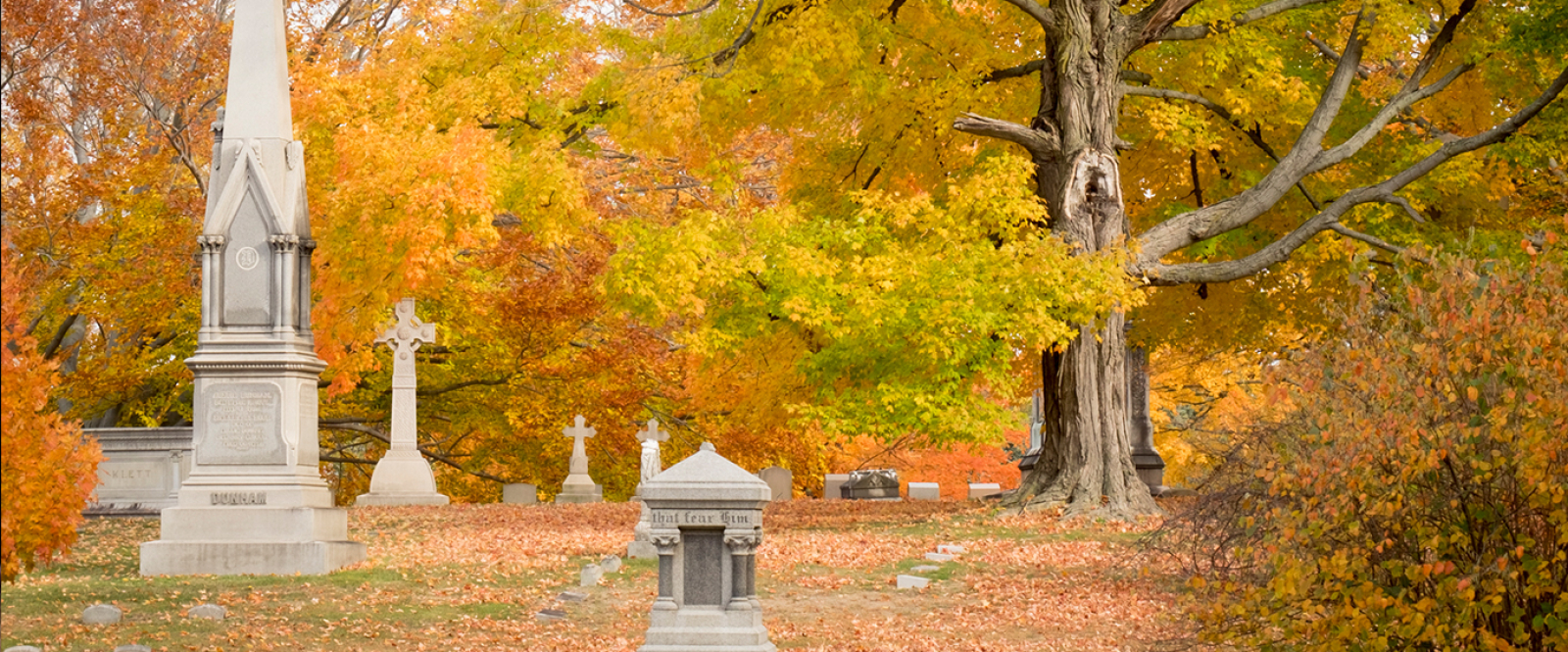Autumn cemetery with tombstones and colorful fall foliage