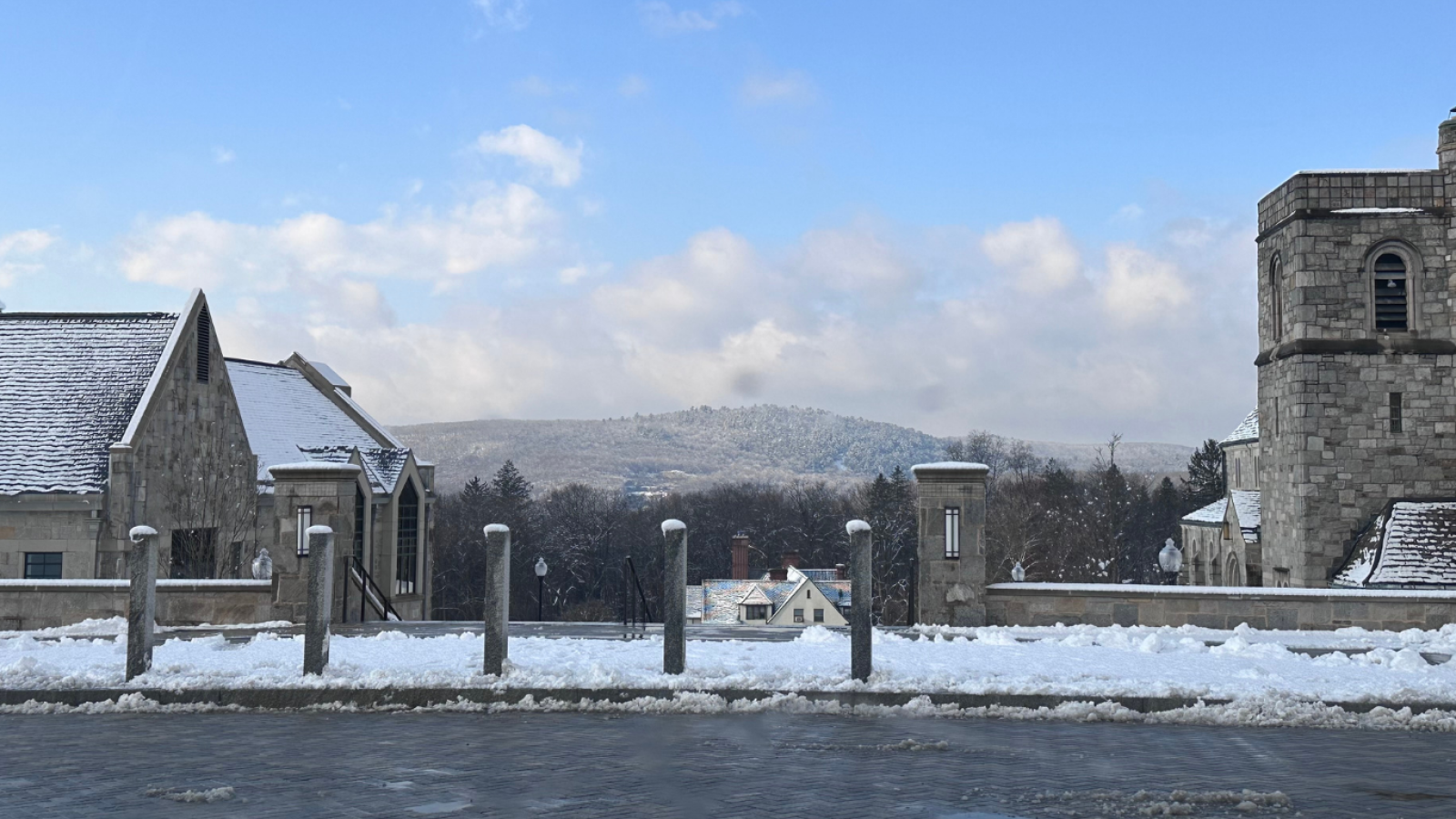 A peaceful winter view of Canterbury School, surrounded by fresh snow and New Milford’s scenic hills.