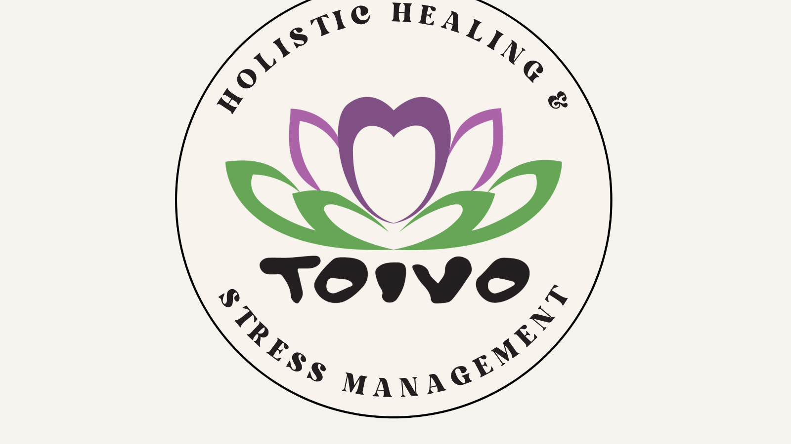The Toivo logo showing a lotus flower with a heart at the center and the words "Holistic Healing & Stress Management"