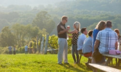 Friends enjoying wine at vineyard