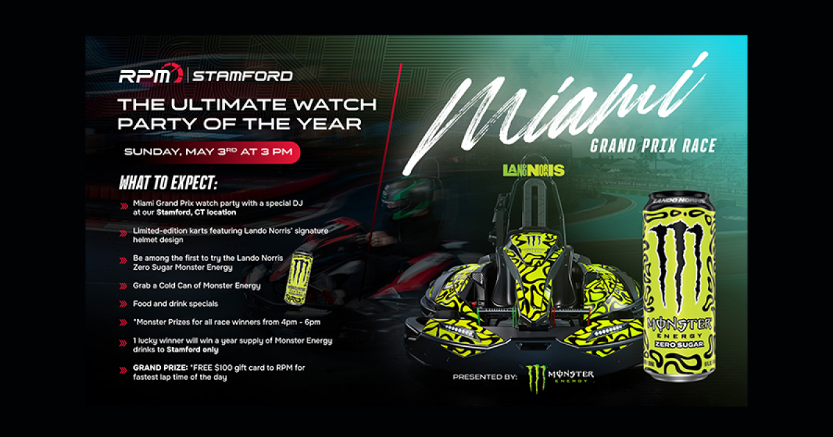 RPM Raceway Stamford Miami Grand Prix Watch Party with Live DJ Set