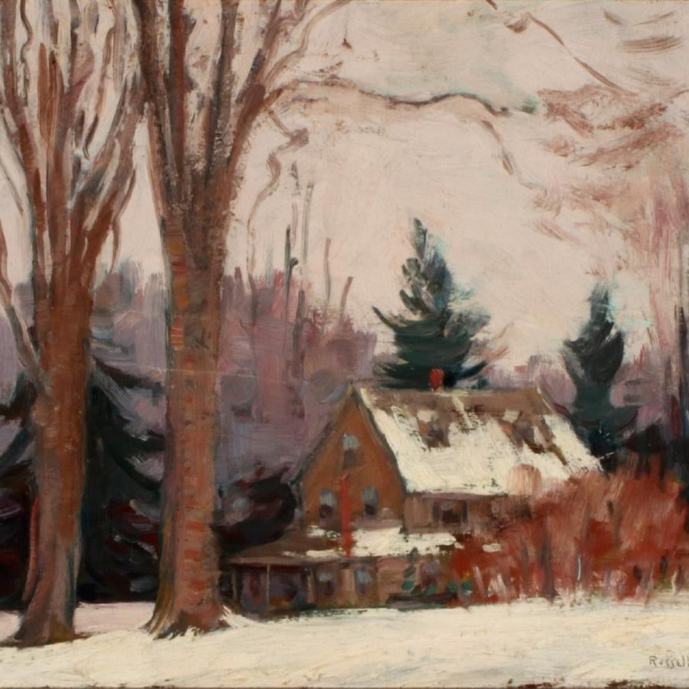painting of wooden house surrounded by trees. 