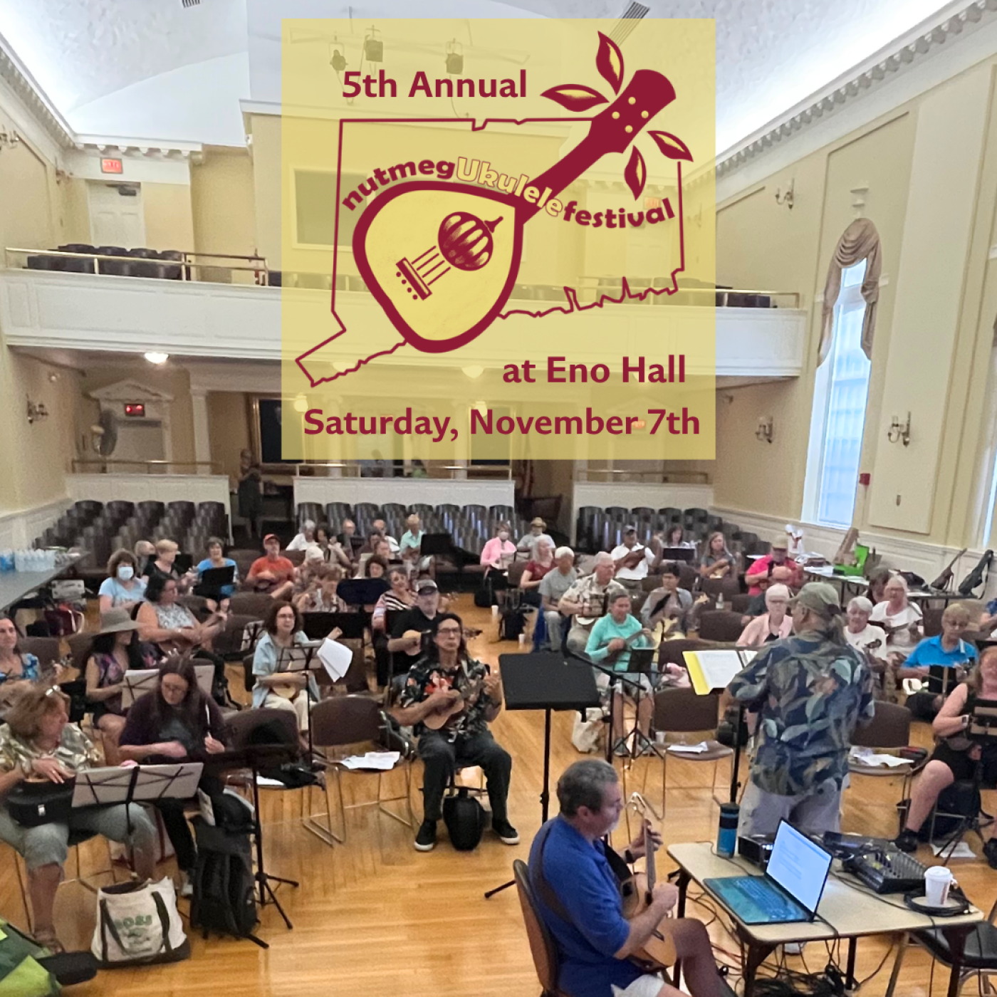 Nutmeg Ukulele Festival over an image of a past Nutmeg Ukulele Festival workshop