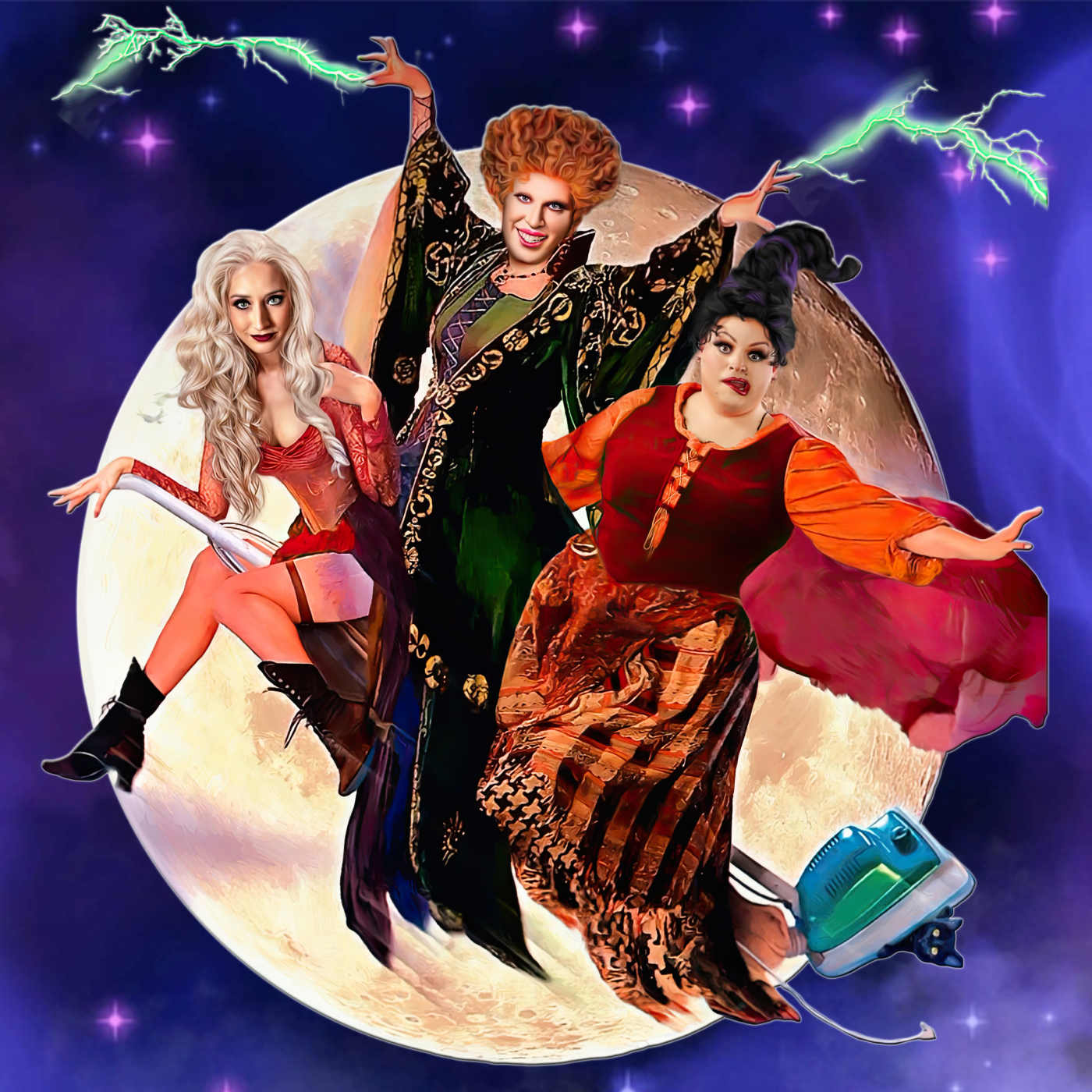 Three witches posing in front of the moon with purple fog around them