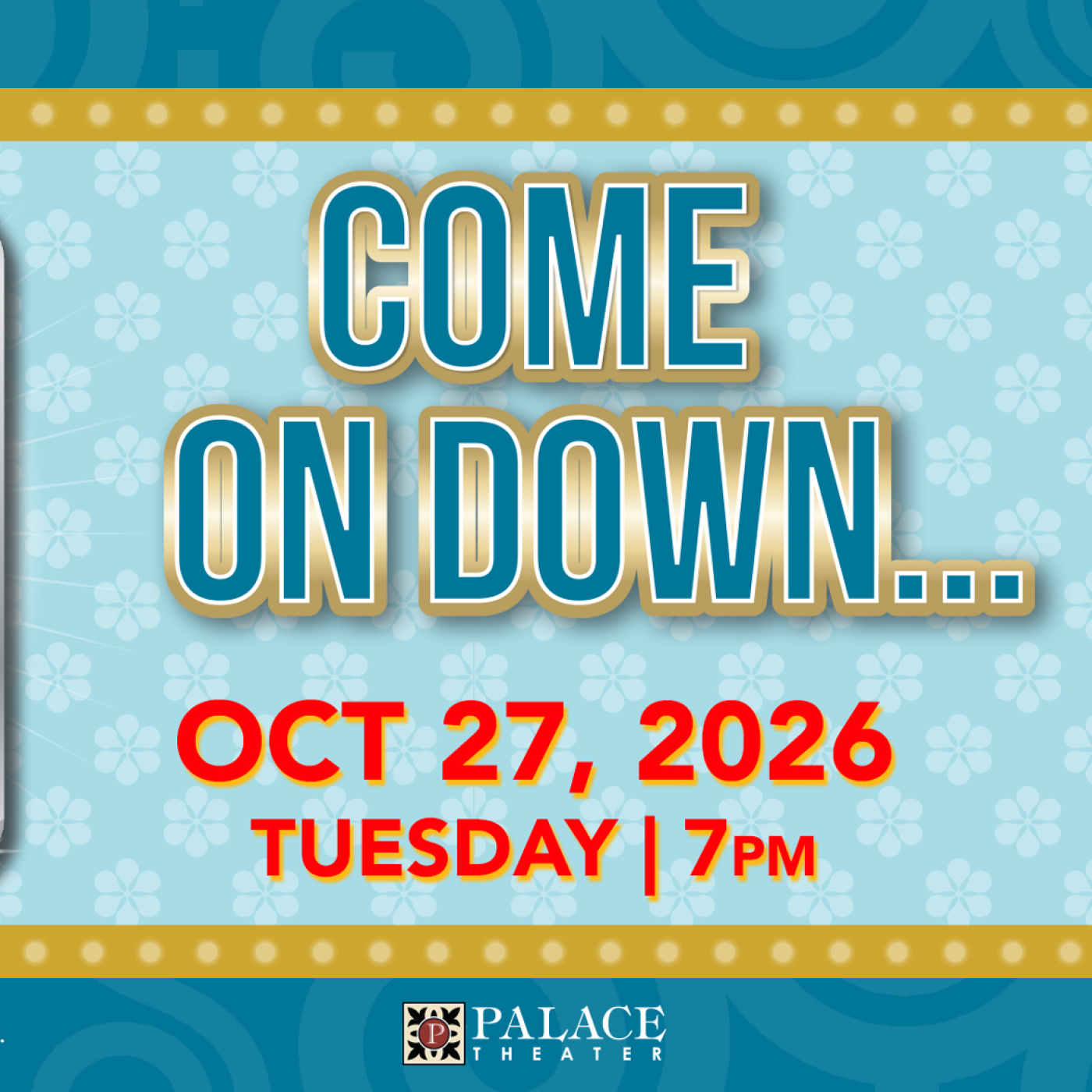 Blue poster with gold emblem that reads "the price is right live"