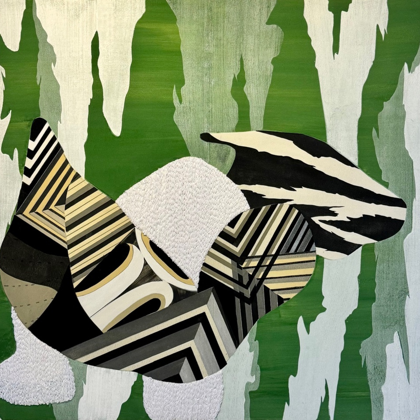 Relief print, acrylic and yarn on felt, 66 x 78 inches
