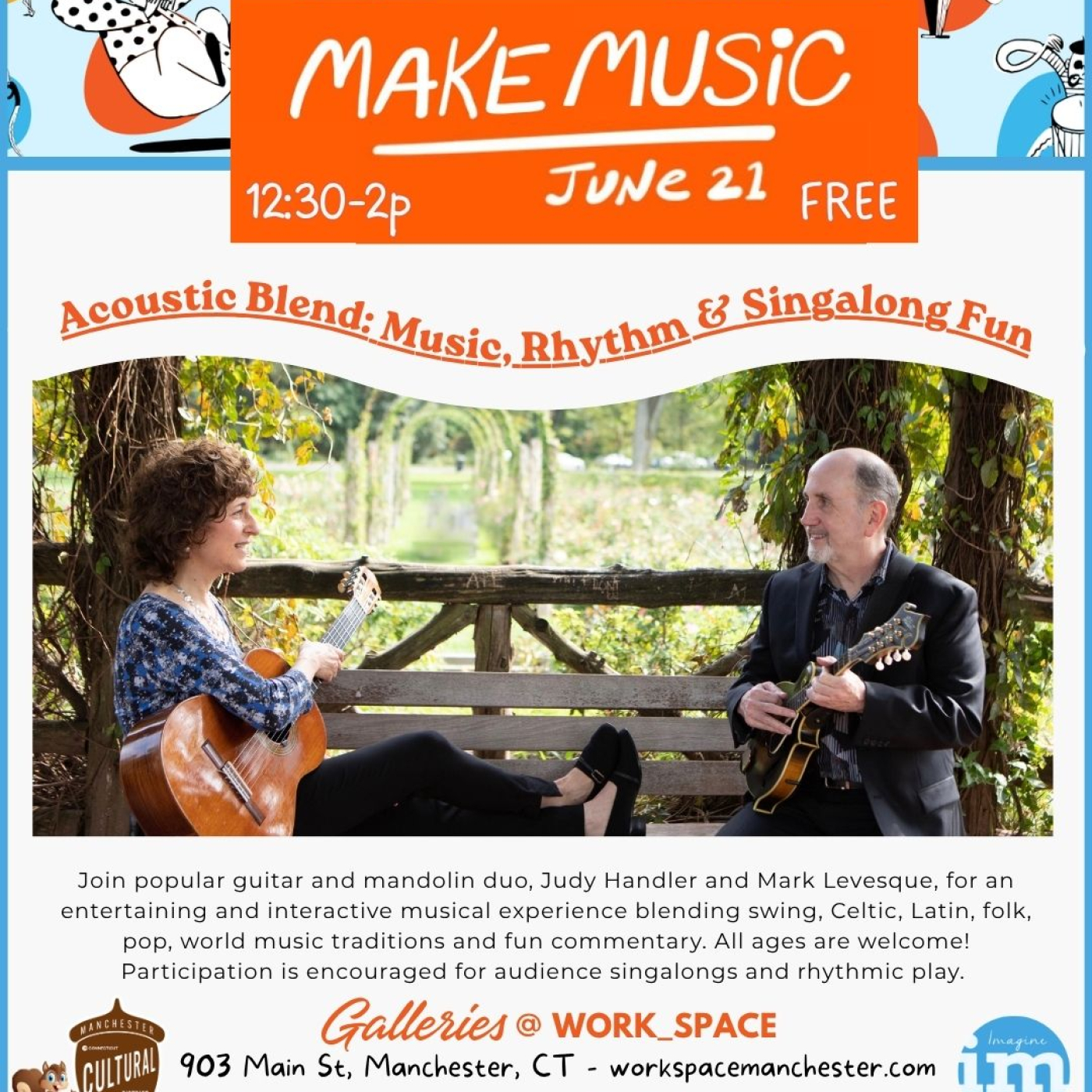 Two people on a bench playing guitar & mandolin