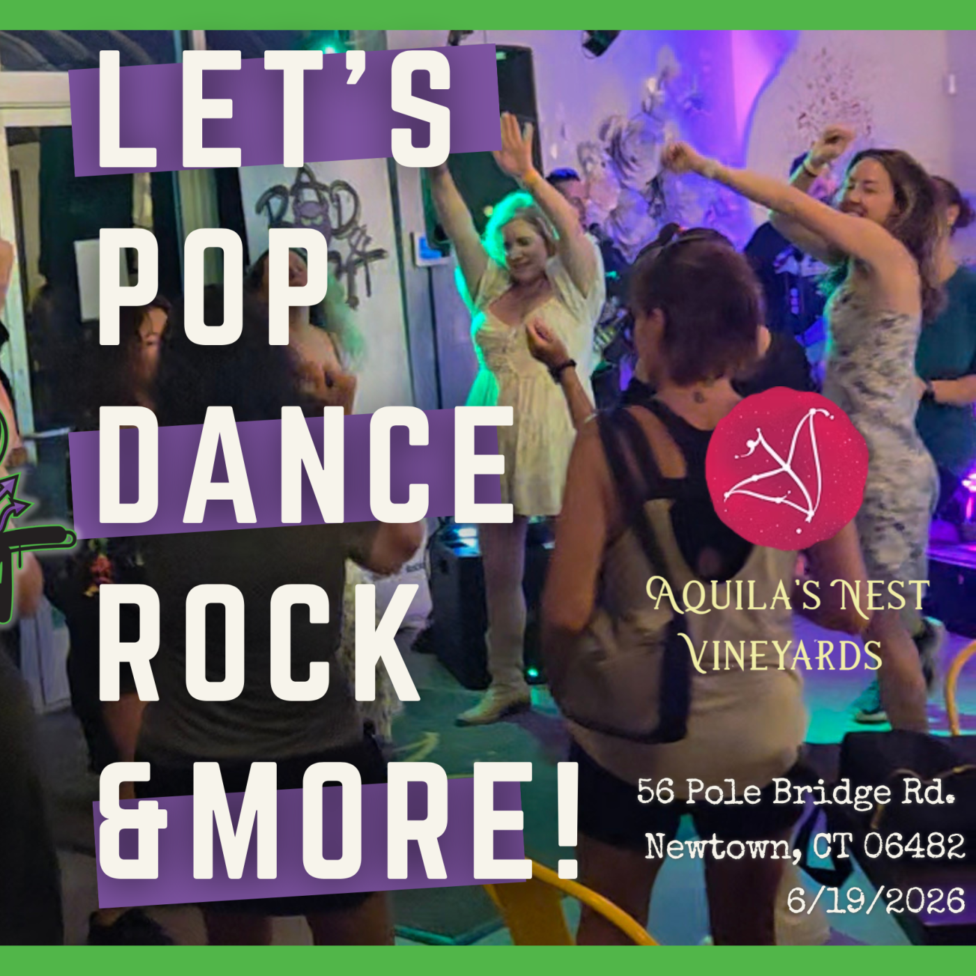 Bad Habit Party Band at Aquila's Nest Vineyards in Sandy Hook - The image shows  patrons dancing at the venue when the band performed there last year, and the venue's and band's logos. The text reads "Let's Pop, Dance, Rock & More!