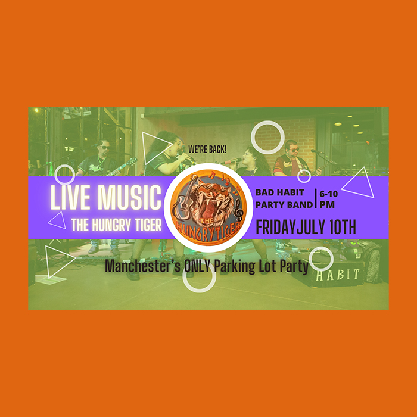 Bad Habit Party Band at The Hungry Tiger - Overlay details the event time and location, with the band in the background
