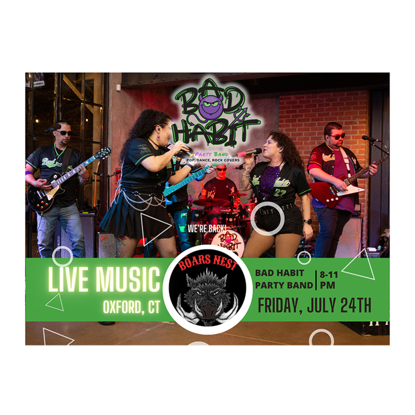 The image shows 5 of the 6 band members on a purple background with the band's name overlay, and the venue's logo up front. 