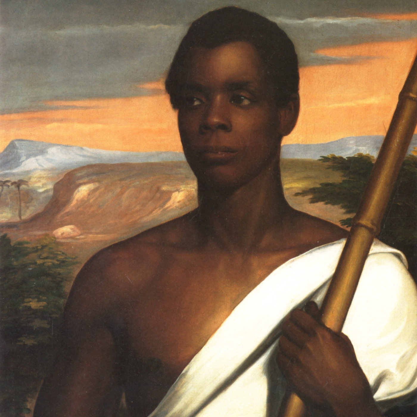 Portrait painting of Joseph Cinqué holding a staff, with a landscape and sunset sky in the background.