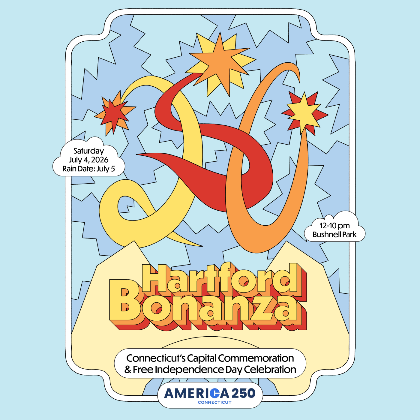 Hartford Bonanza + America 250 Connecticut poster with illustrated fireworks