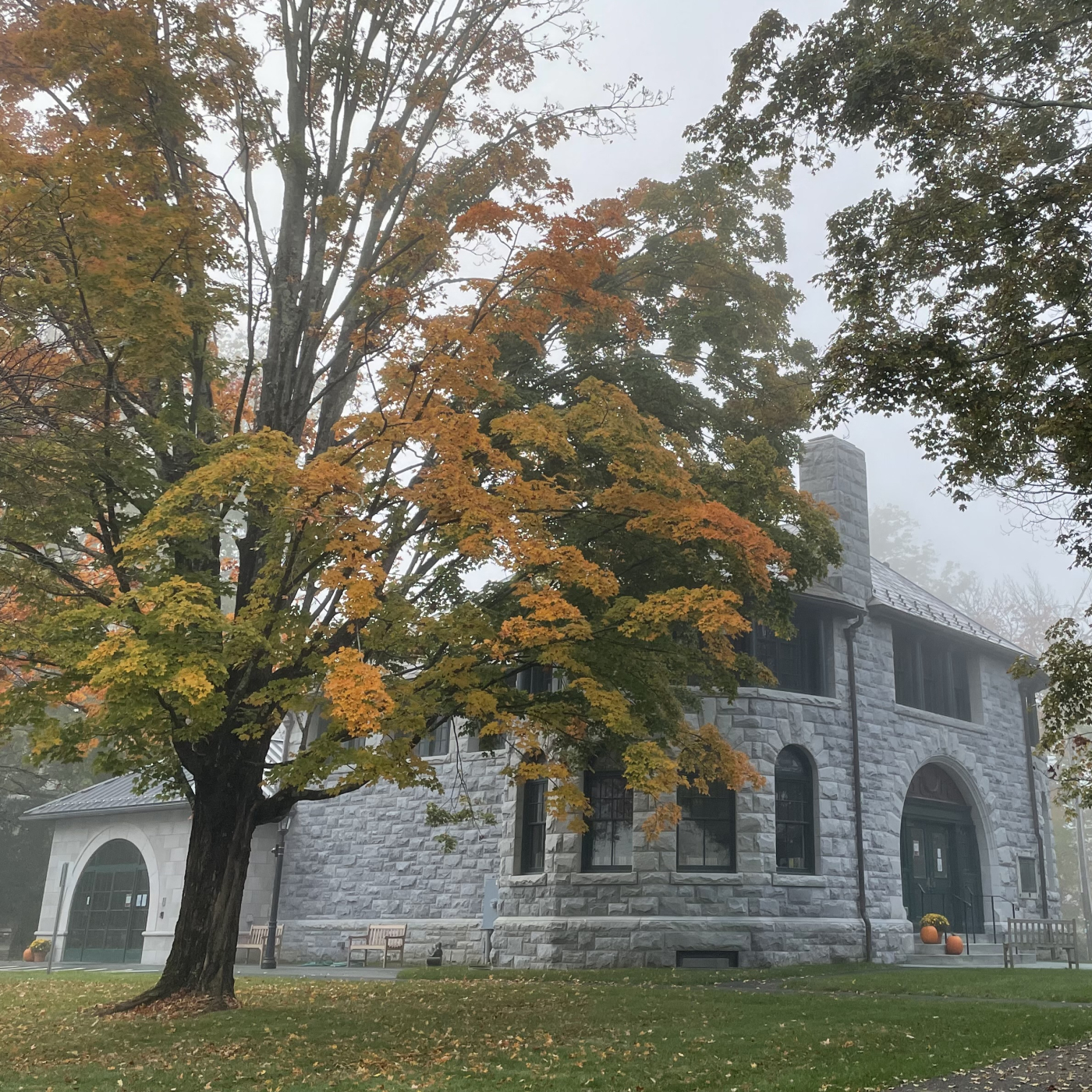 Hotchkiss Library of Sharon, built 1893, Stockbridge Marble in Fall