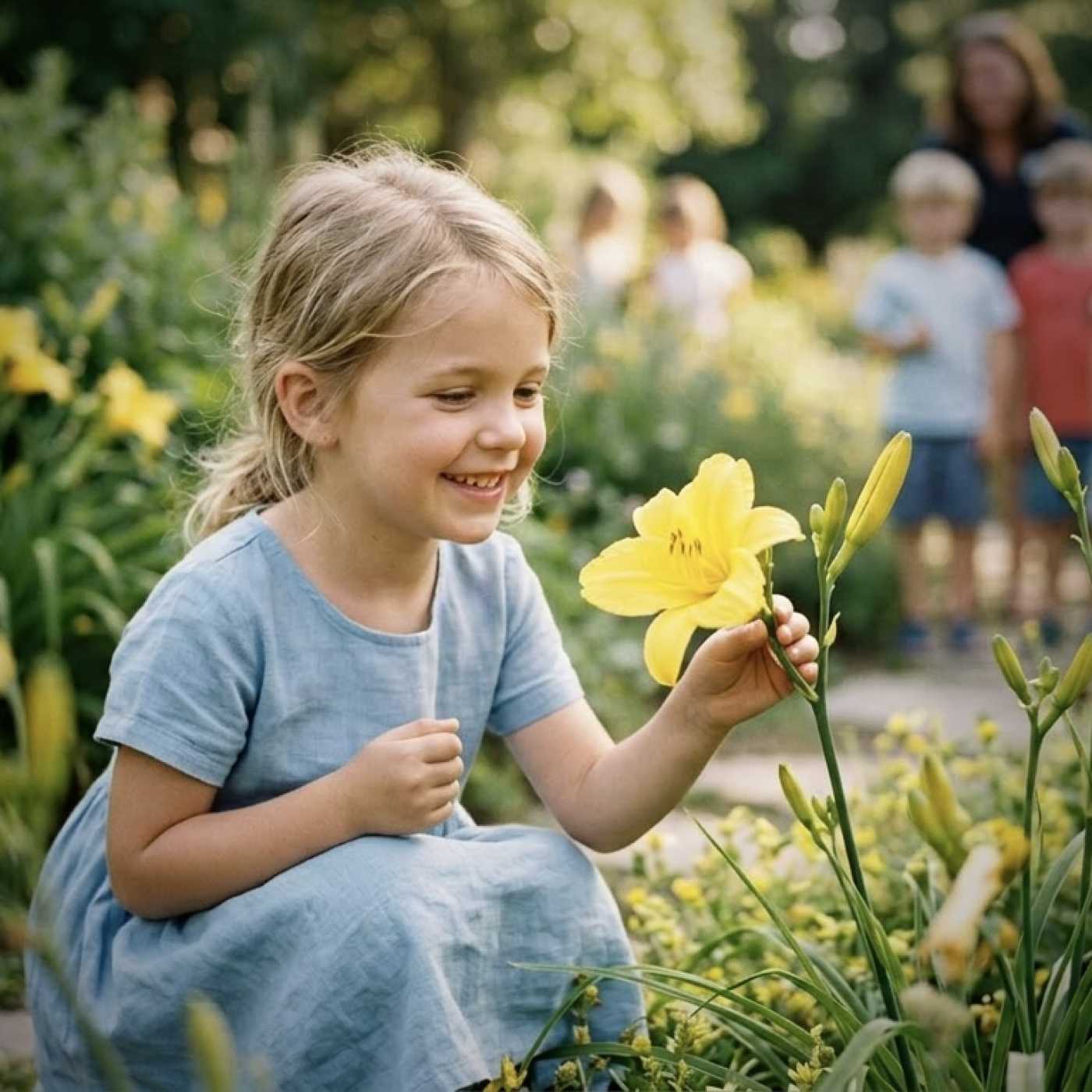 A young girl smiling while looking at a Daylily