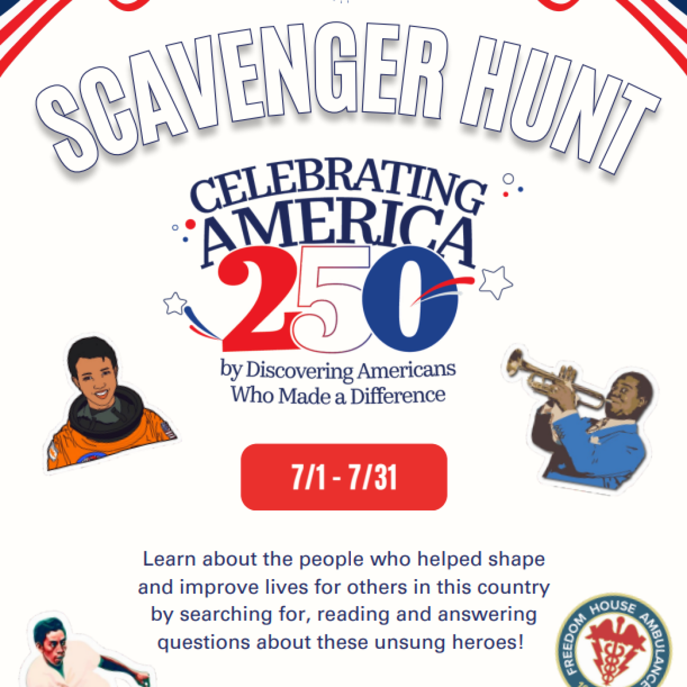 A flyer promoting Norwalk Public Library's Children's Department's America 250 themed Scavenger Hunt during July & August '26