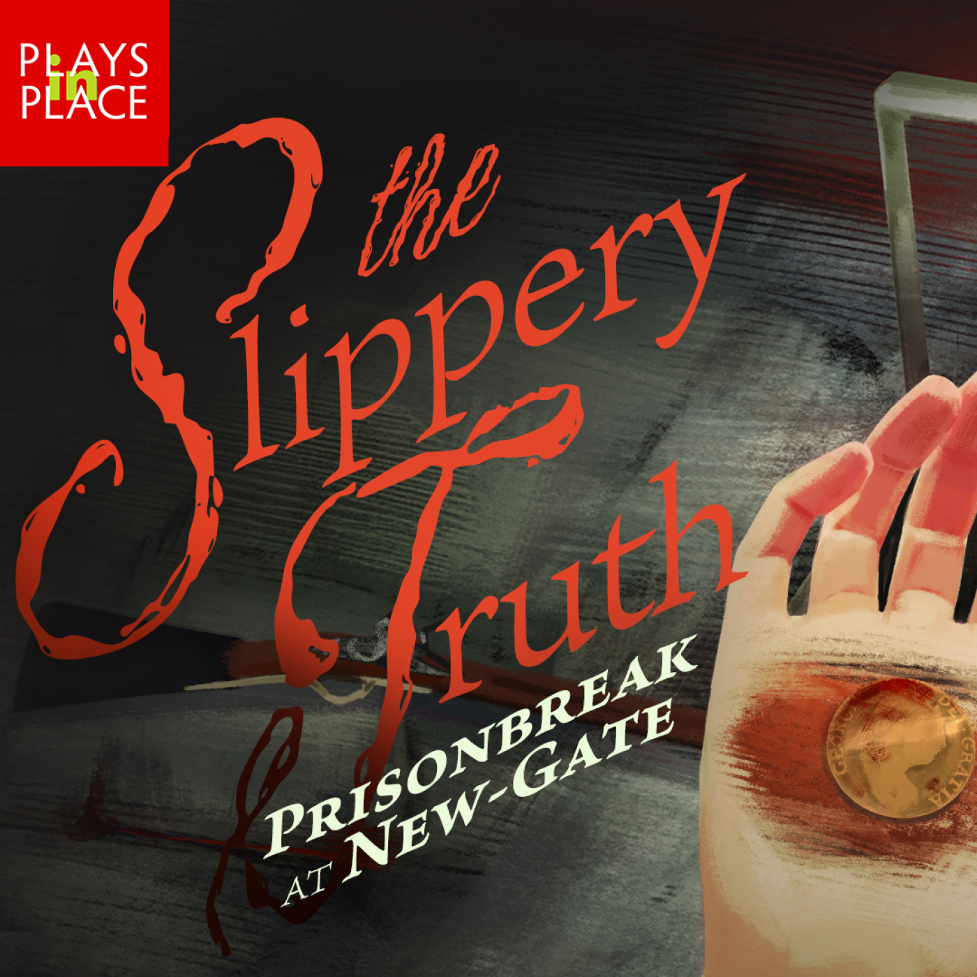 The show poster outlining the title of the show, playwrite (Patrick Gabridge), Director (Zoe Golub-Sass), and show days July 10 - Aug 30. The image shows a hand holding a coin over an opened mine shaft, with blood and a musket on the floor. 