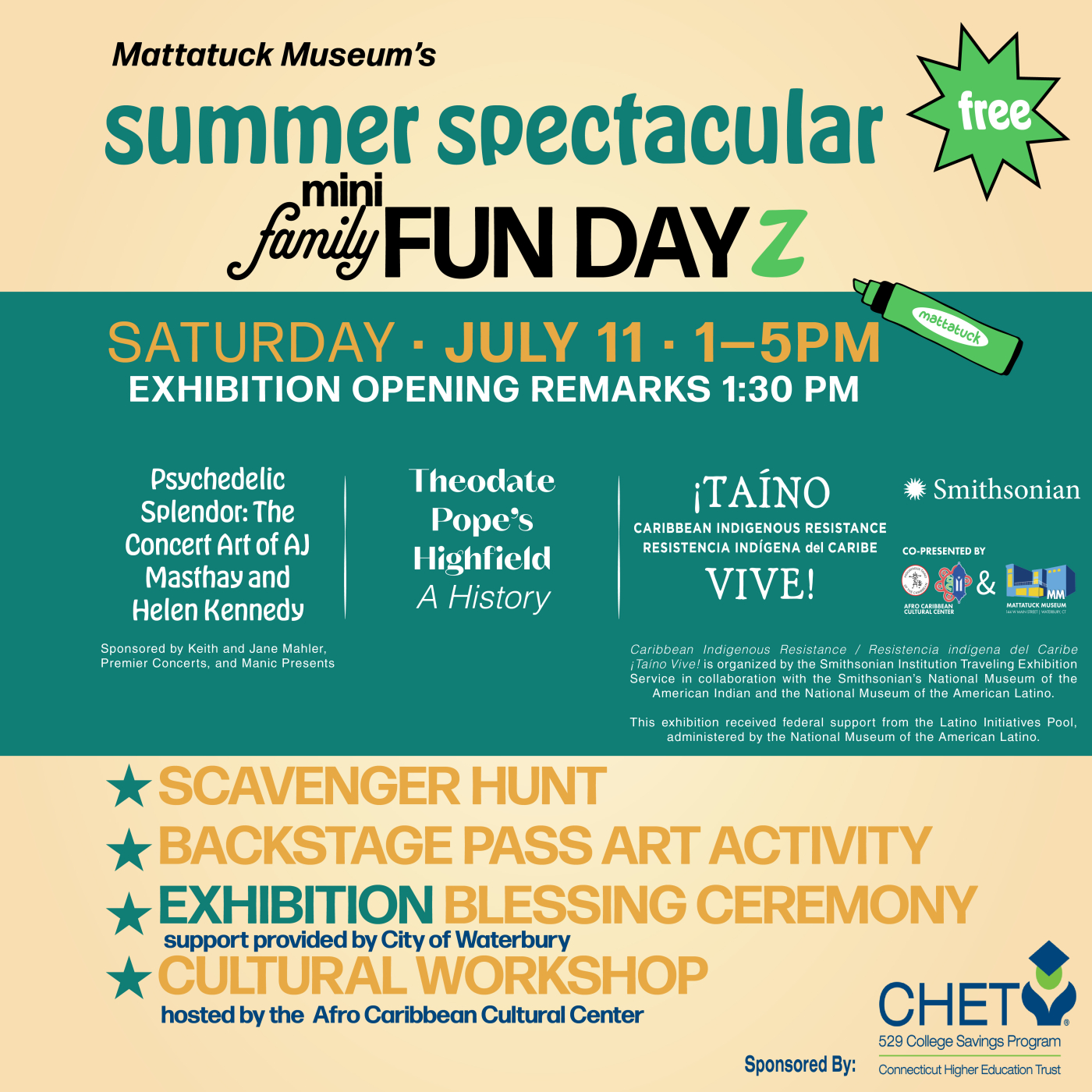 FREE FAMILY FUN DAY JULY 11 1-5 pm at mattatuck museum to celebrate new exhibitions with lots of activities