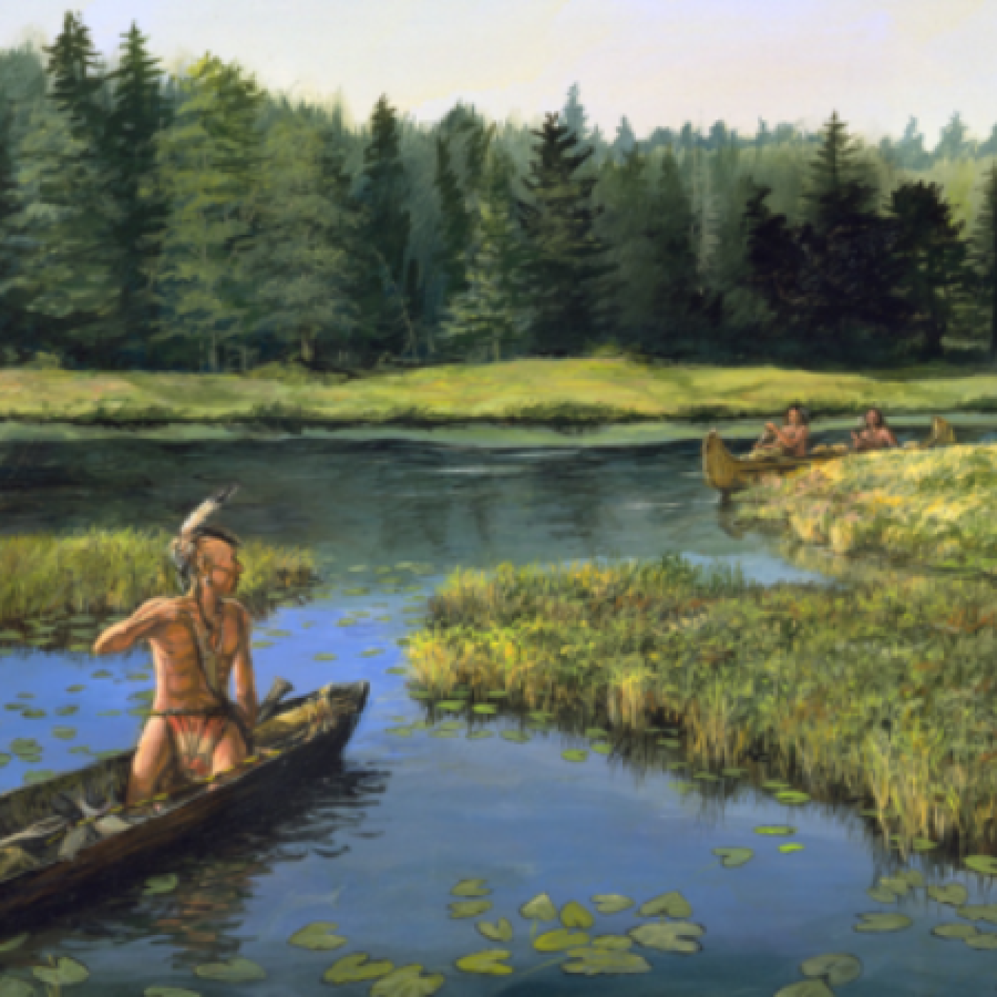 Illustration of Mohegan people paddling canoes
