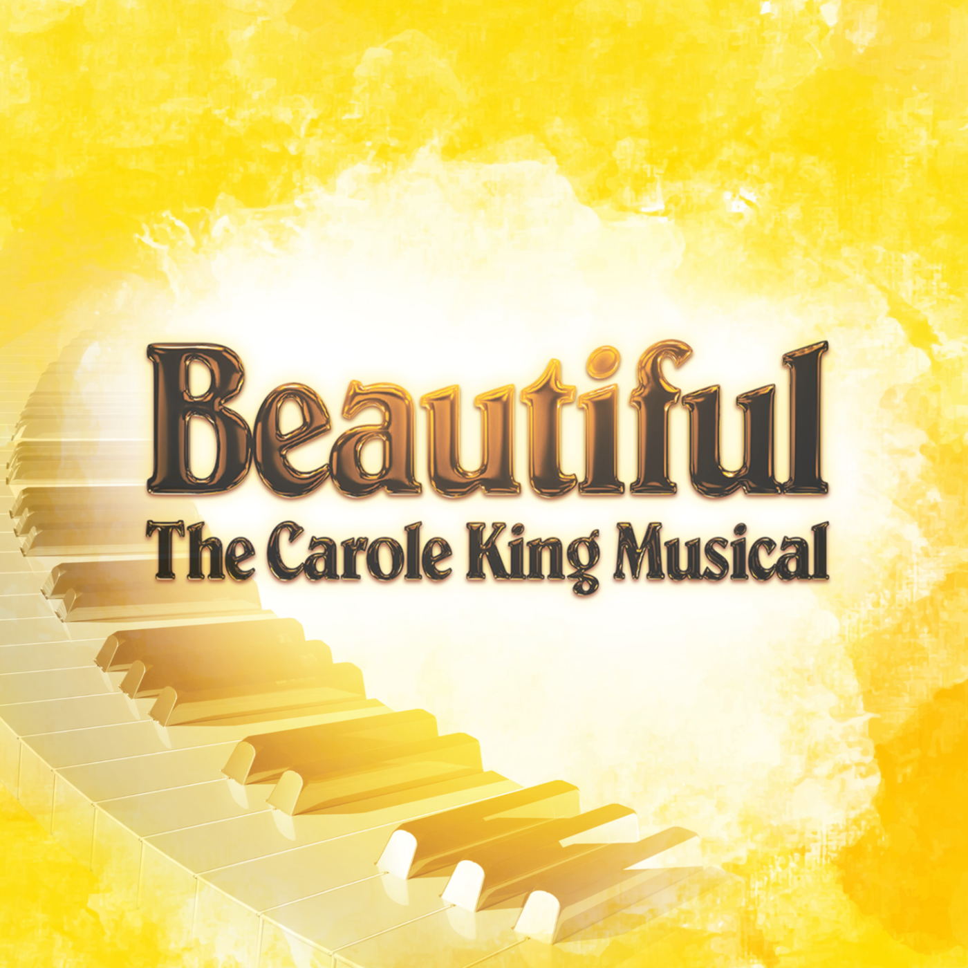 A black and yellow poster with piano keys and the name Beautiful: The Carole King Musical