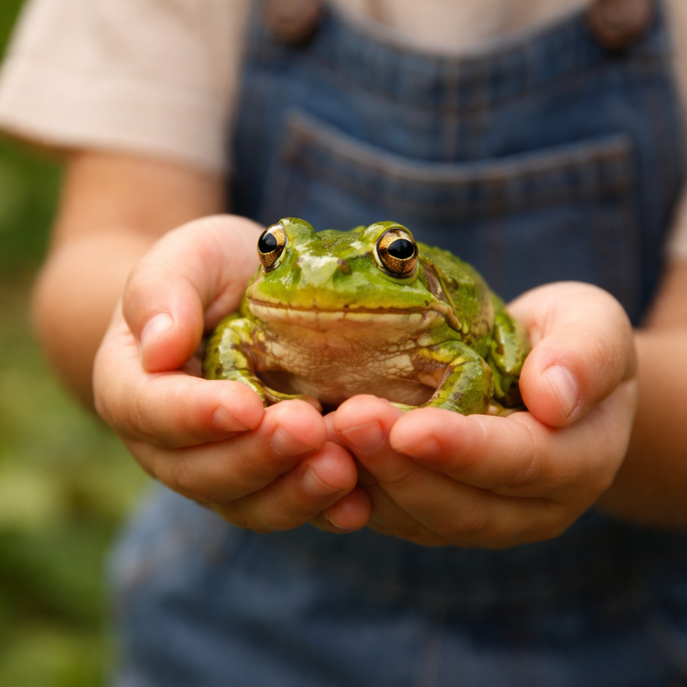 A child holding a green frog in their hands