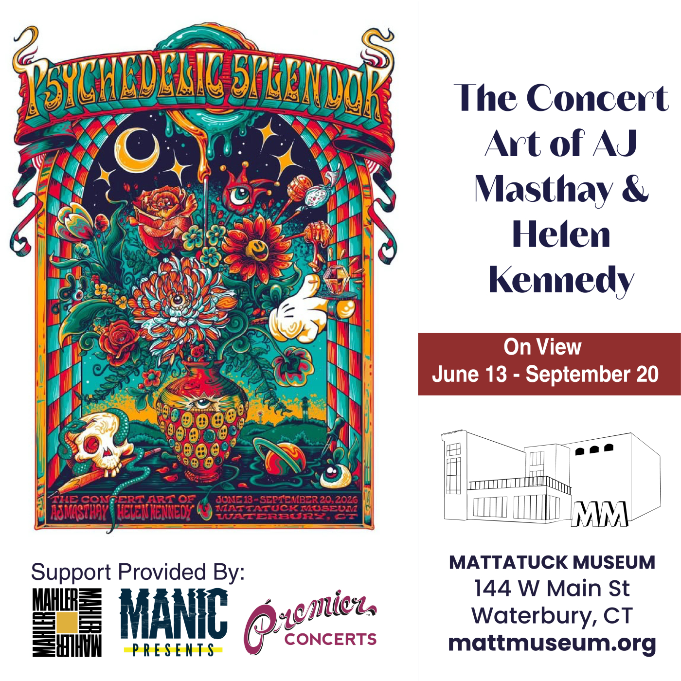 psychedelic splendor concert art by aj masthay and helen kennedy of zazzcorp on view at the mattatuck museum