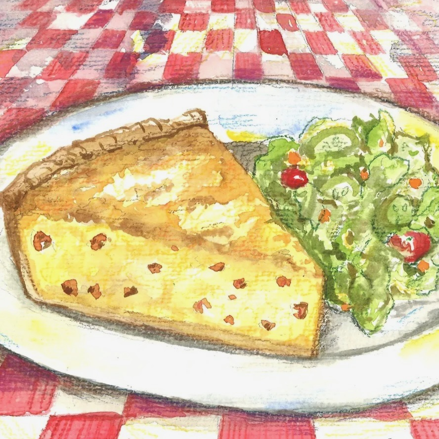 drawing of a pie and salad