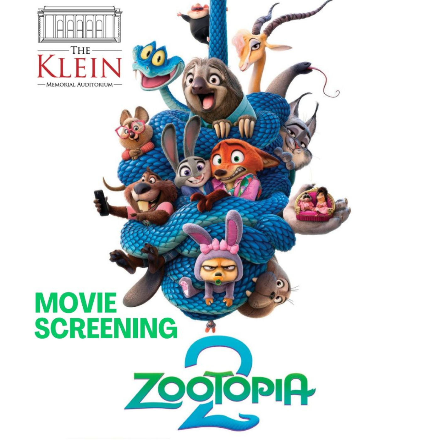 Flyer for Zootopia 2 Movie Screening at The Klein showing cartoon animals