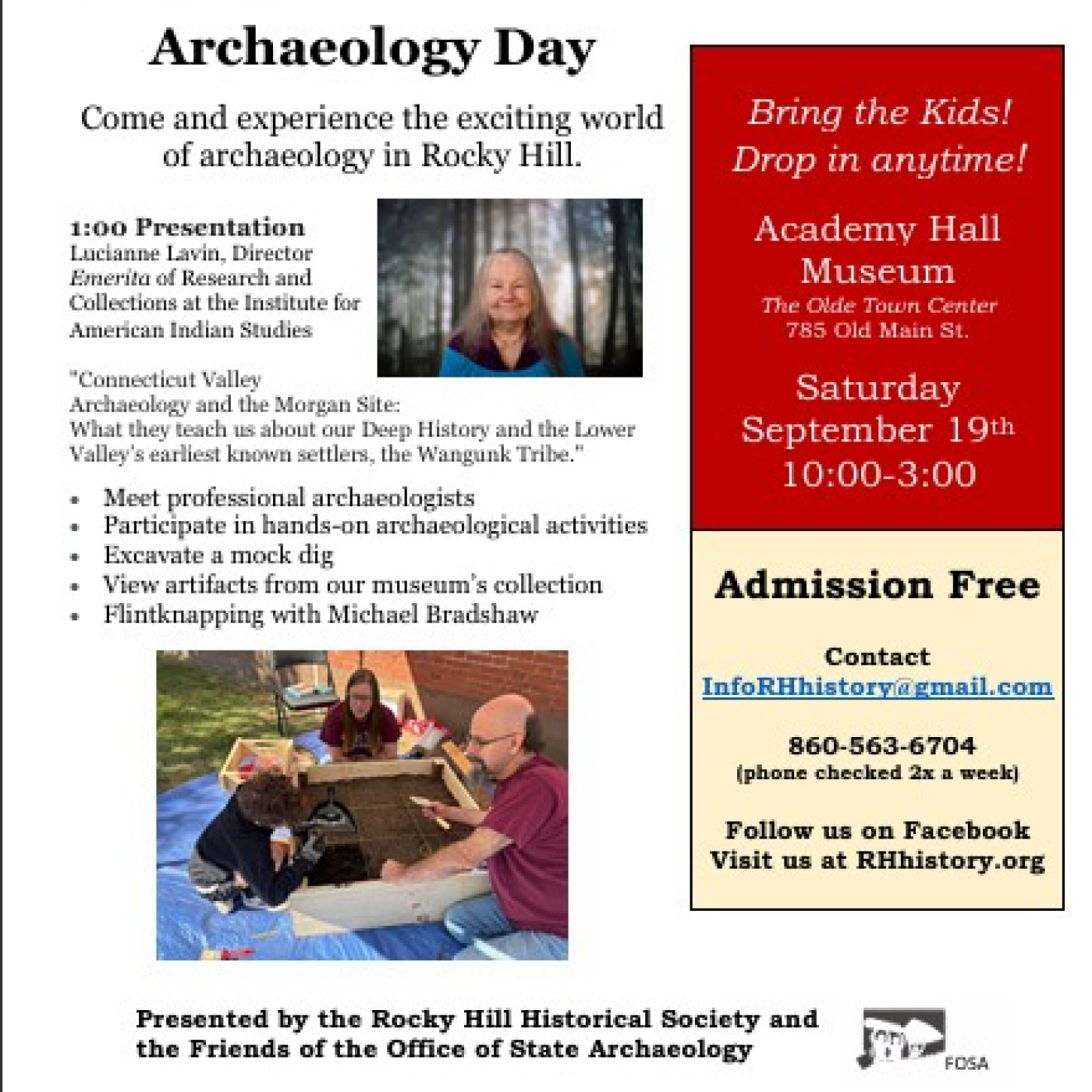 Flyer for Archaeology Day, including schedule and location, with image of speaker and child digging in a mick dig box.