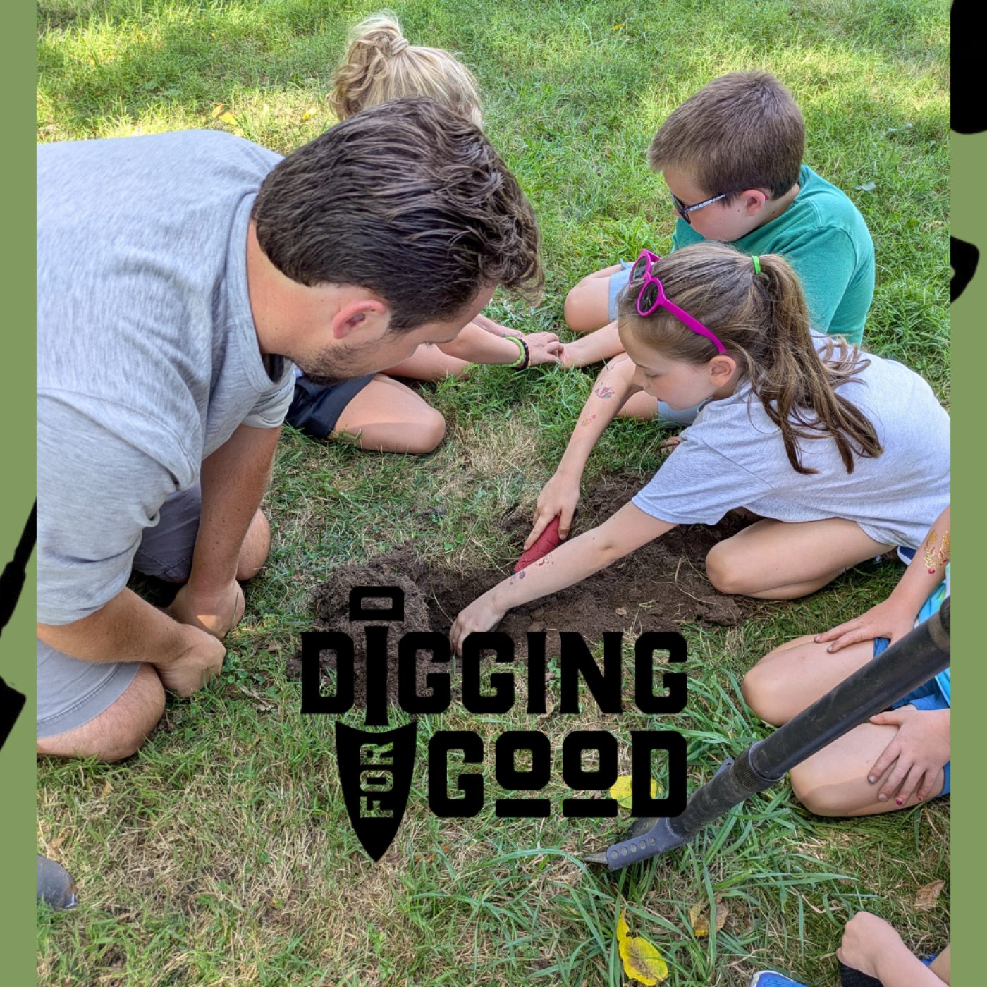 Digging for Good logo over an image of people metal detecting