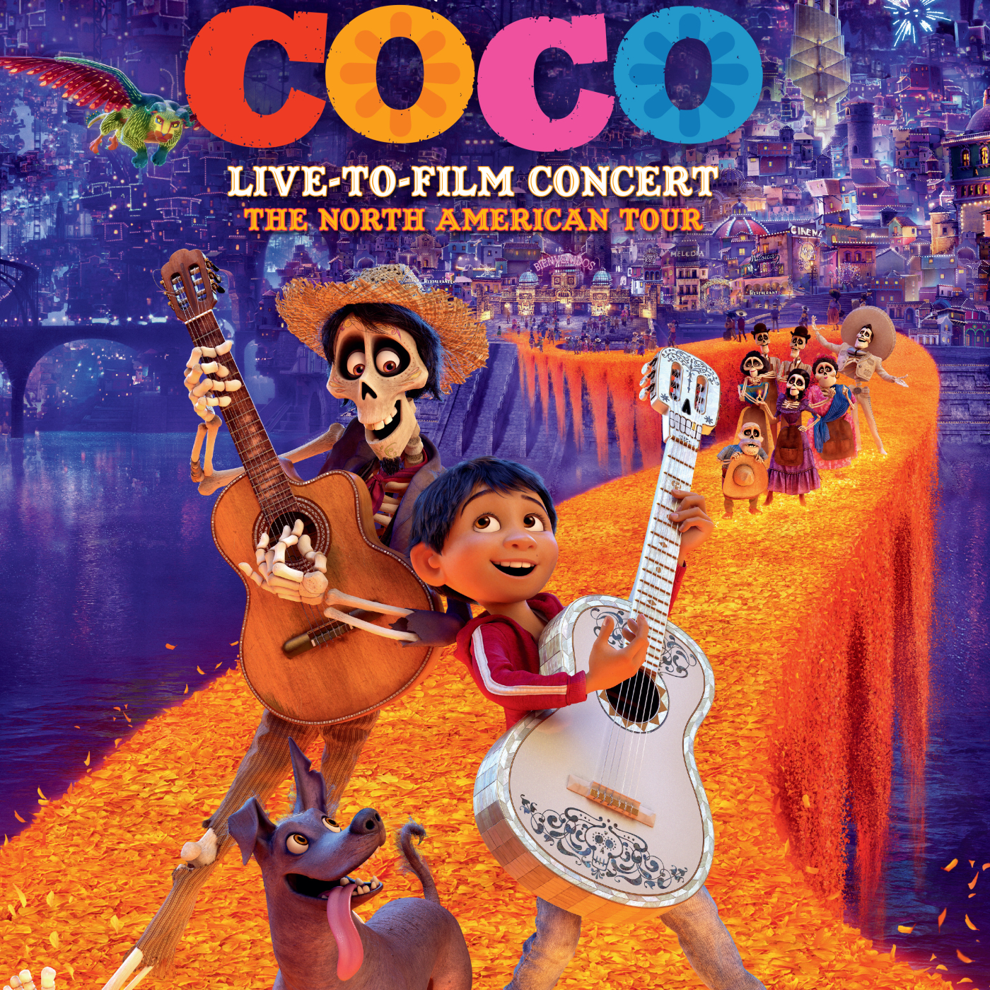 Miguel, a smiling young boy with dark hair, plays a large white guitar.