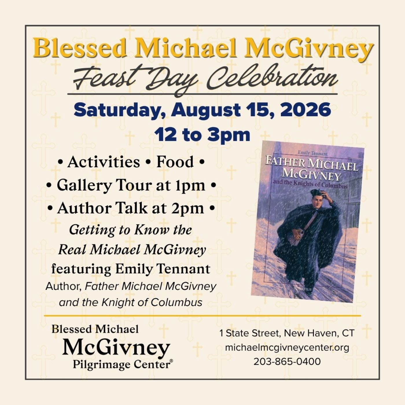 Promotional graphic advertising the Blessed Michael McGivney Celebration on Saturday, August 15, 2026.