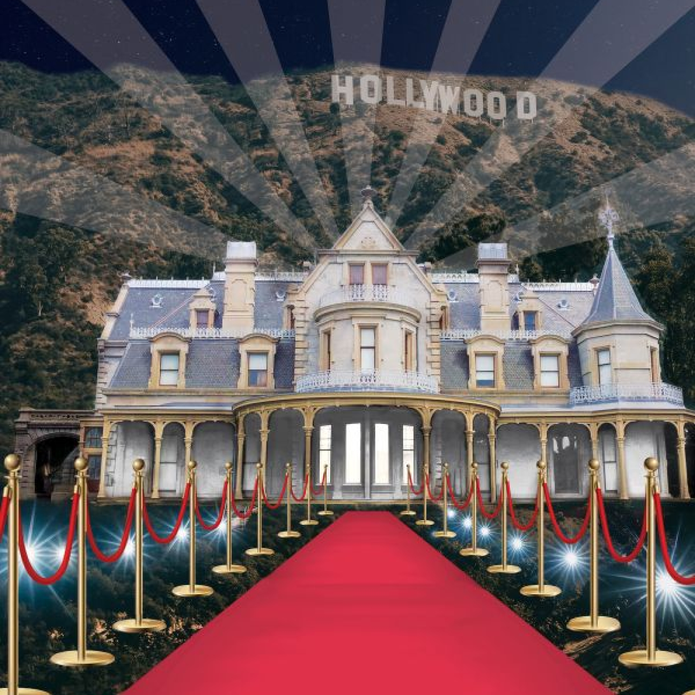 An image of the Lockwood-Mathews Mansion Museum with a red carpet and Hollywood sign.