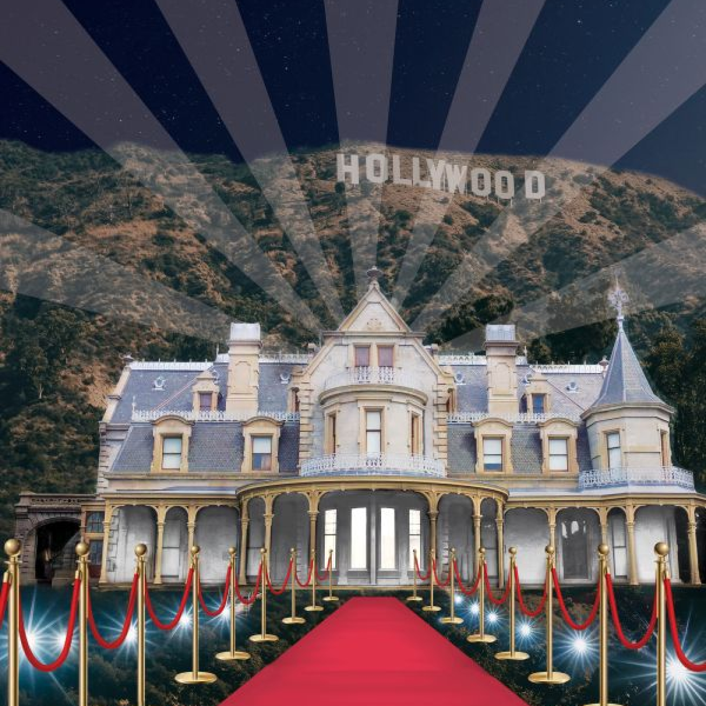 An image of the Lockwood-Mathews Mansion Museum with a red carpet and Hollywood sign.