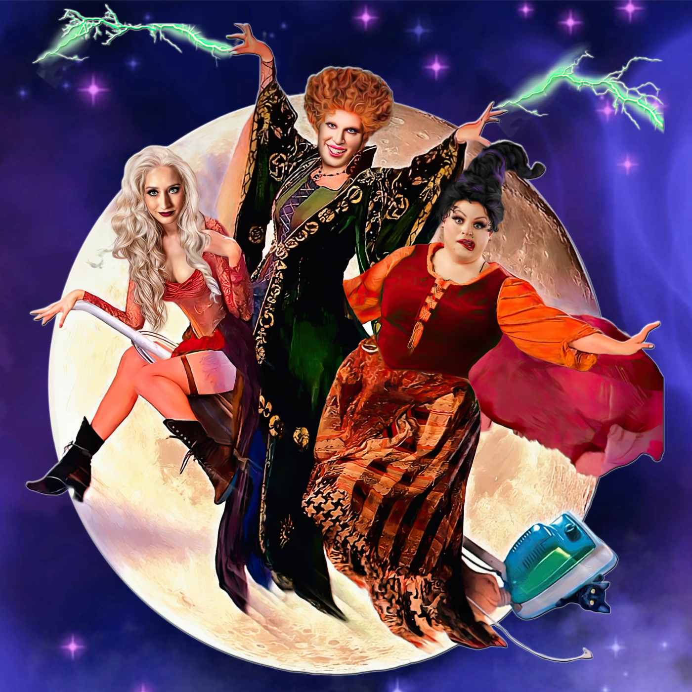 Three costumed witches pose dramatically in front of a large full moon