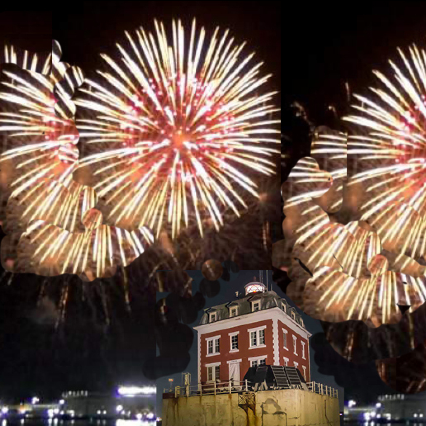 artist collage of fireworks over Ledge Light