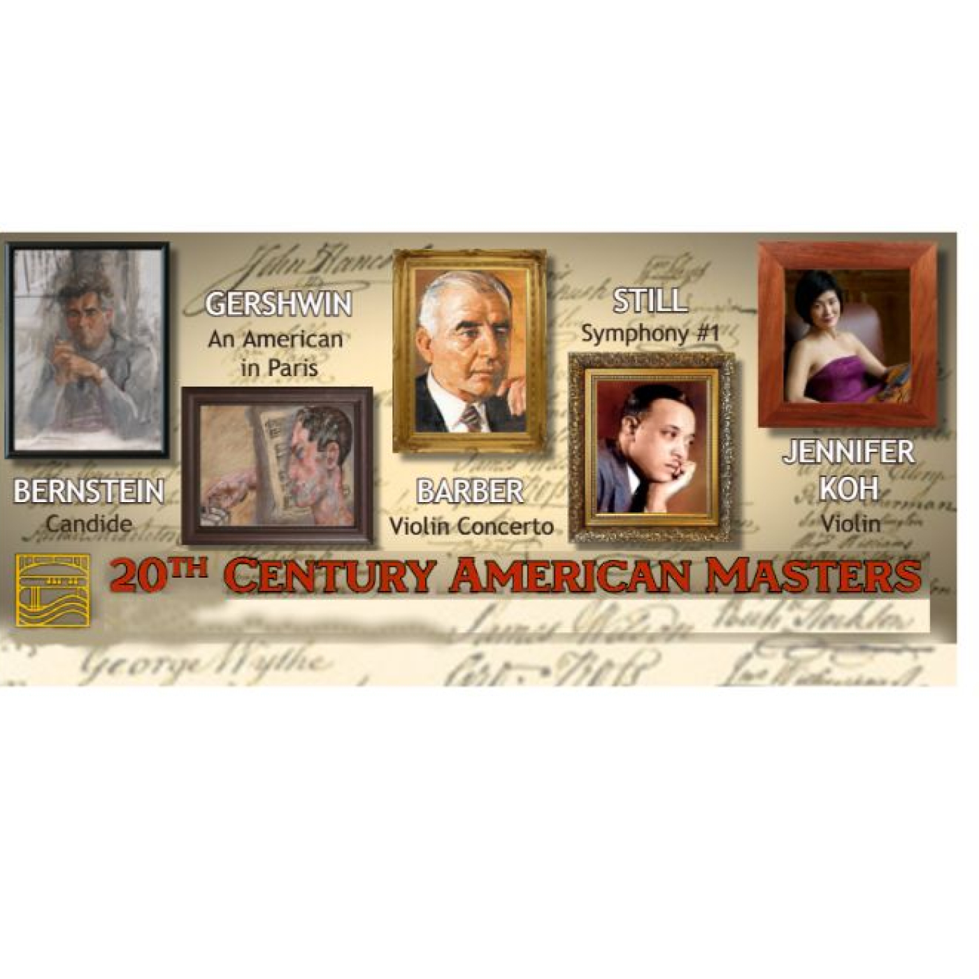 A photo of 5 different popular classical music artists and their most popular pieces 
