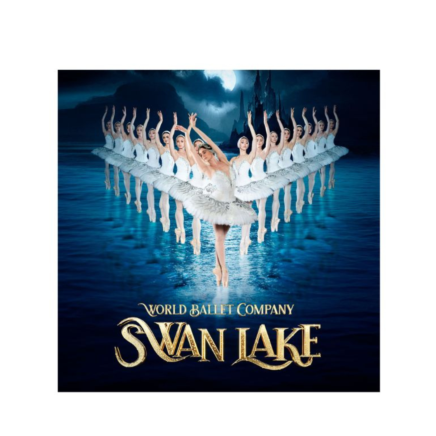 The ballerinas are are lined up diagonally, wearing all white with their arms up