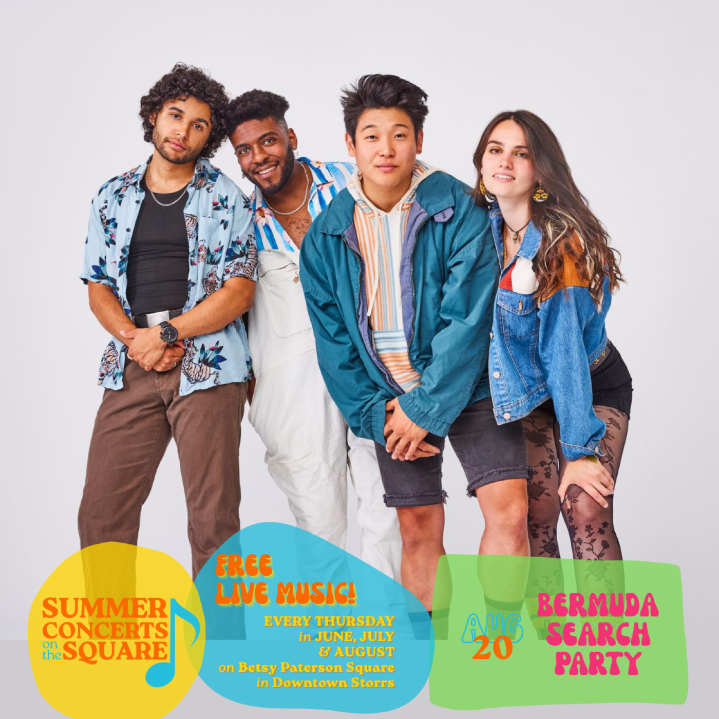 Four young people in colorful clothing stand together, smiling for the camera