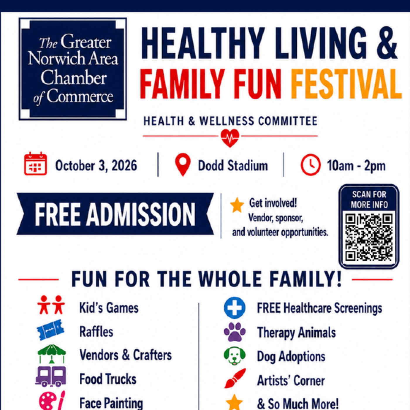 A flyer for the Healthy Living & Family Fun Festival at Dodd Stadium October 3rd from 10am to 2pm highlighting activities