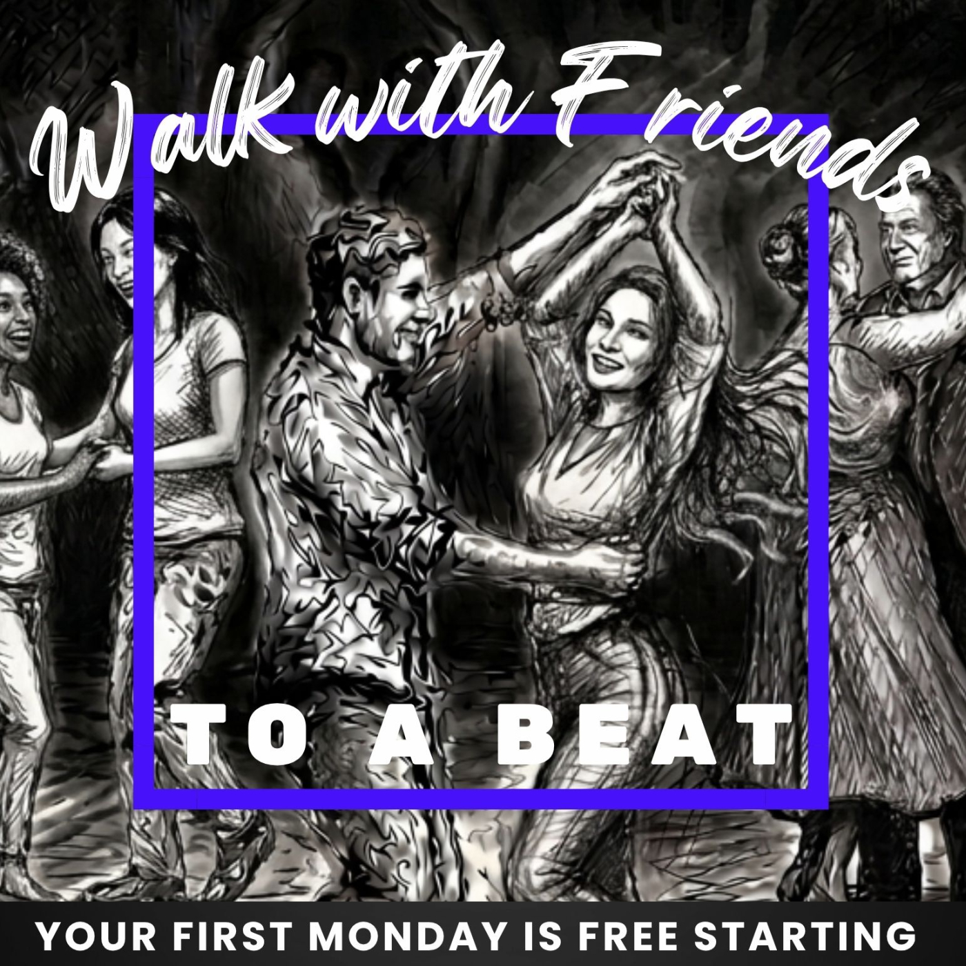 Black and white artwork of various able bodied dancing couples showing inclusivity for age, race and sexual orientation. 