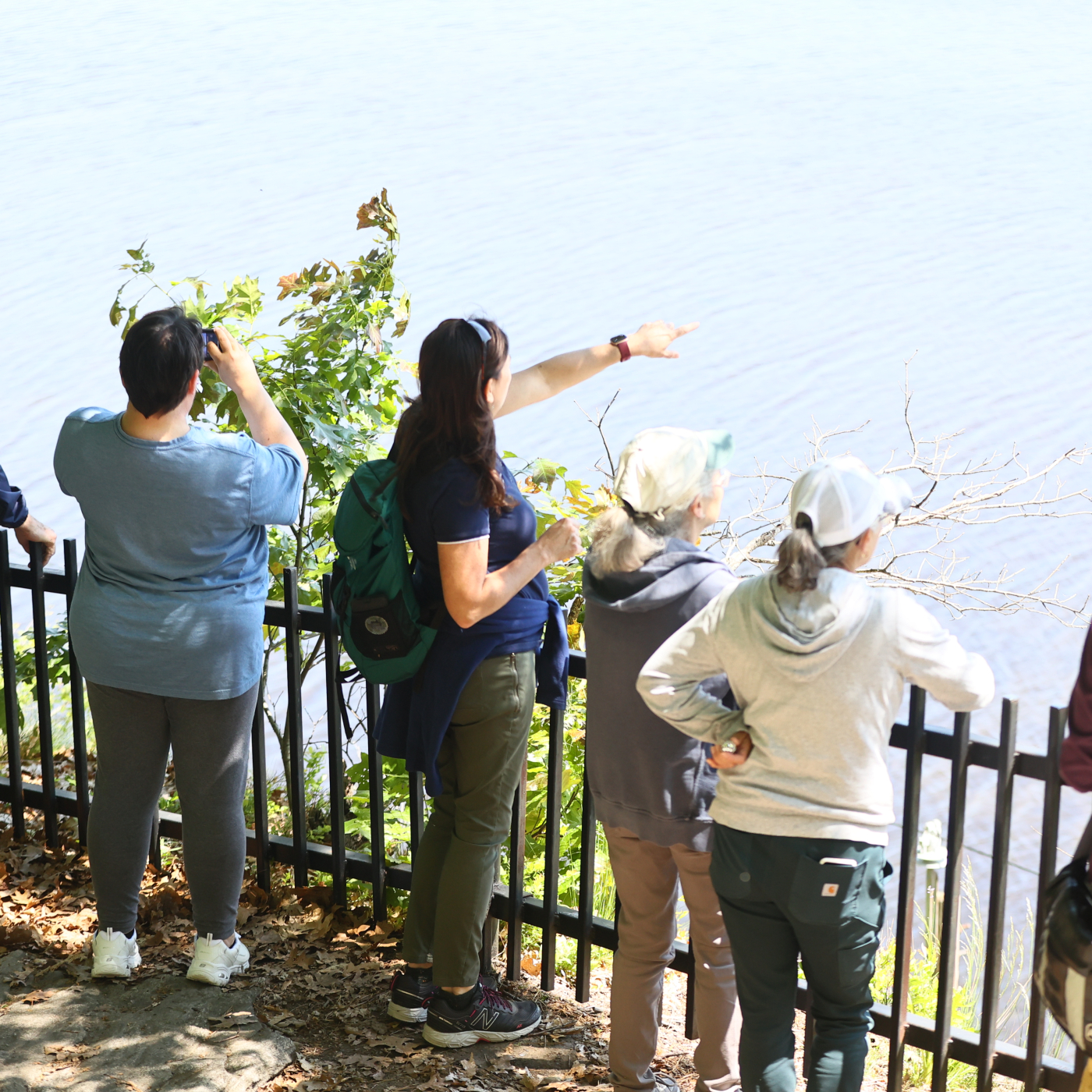 On the overlook of the Peace Sanctuary, a DPNC educator points out across the Mystic River. 