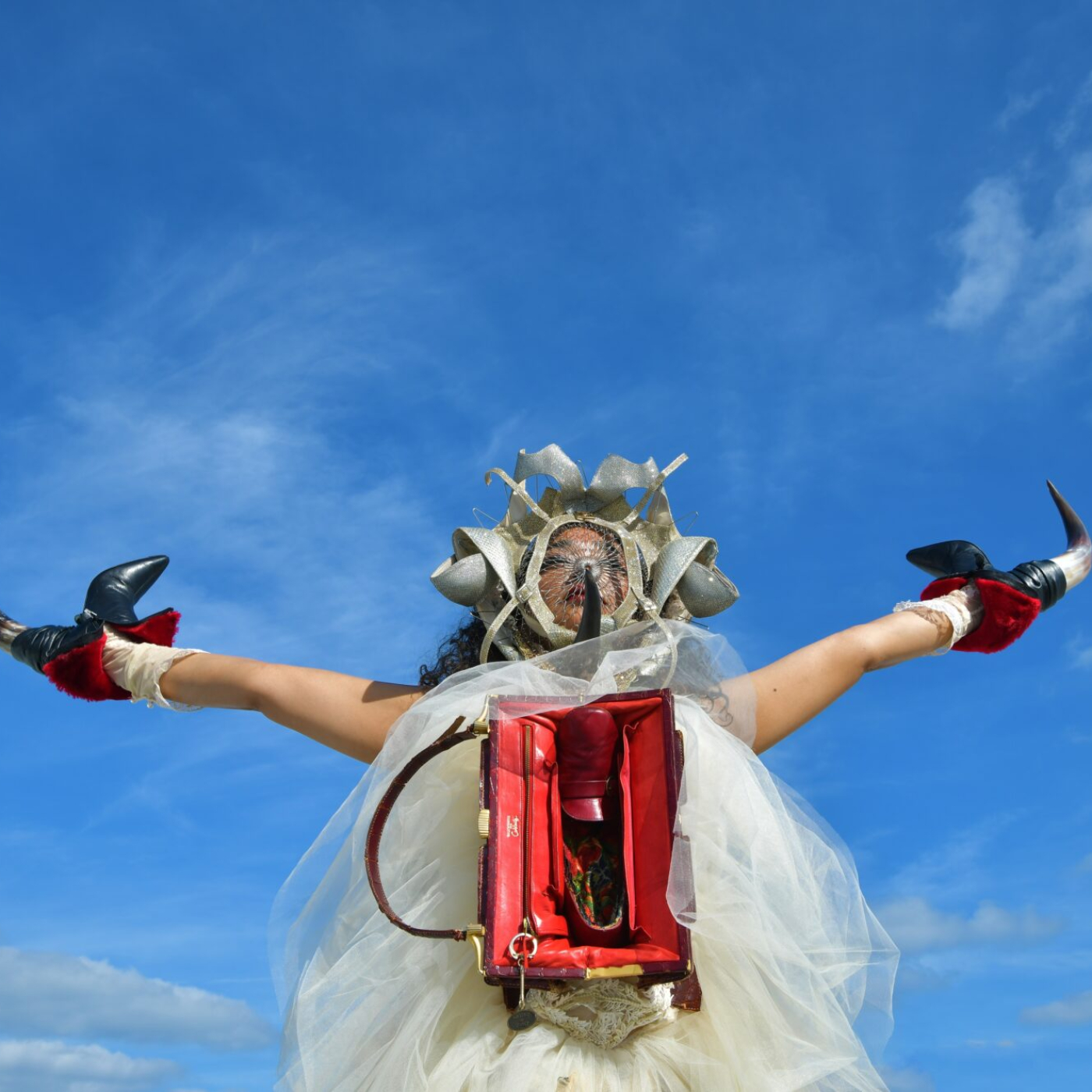 An image of a person wearing an elaborate outfit against a blue sky
