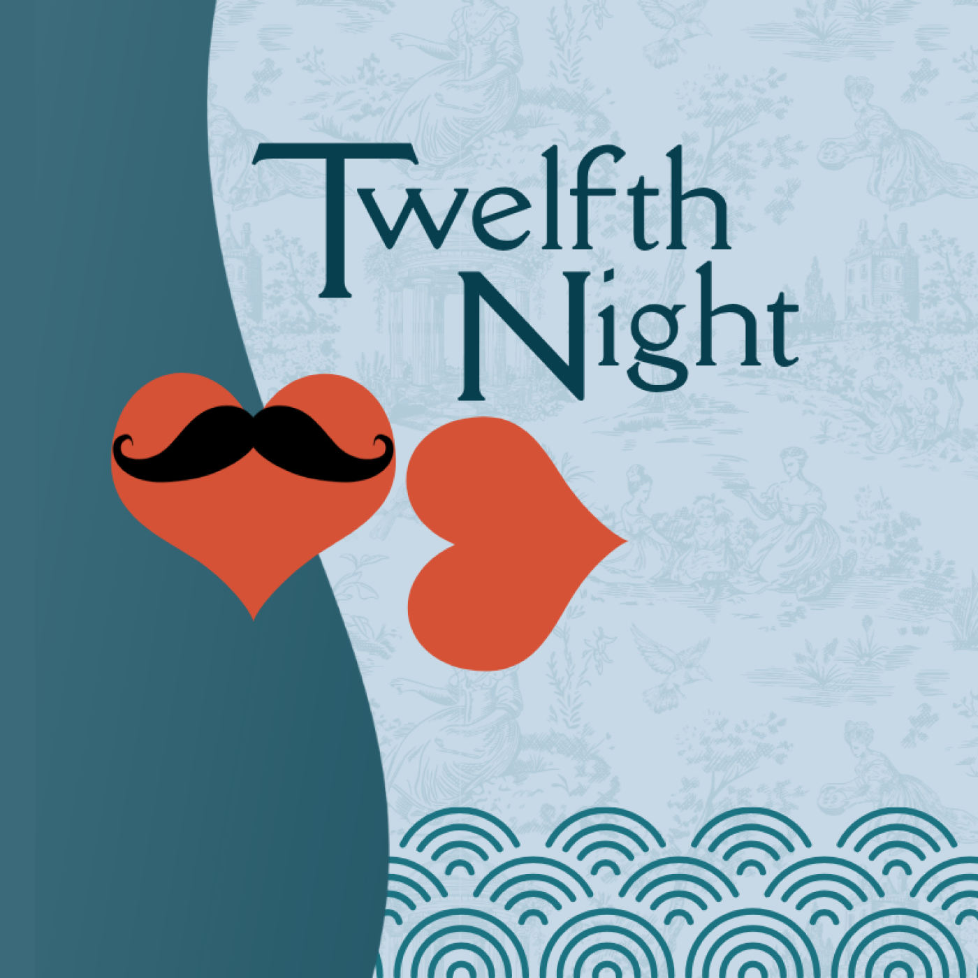 Two red hearts posed to appear as lips, one heart has a black mustache, Text reads Preview Tonight; Twelfth Night