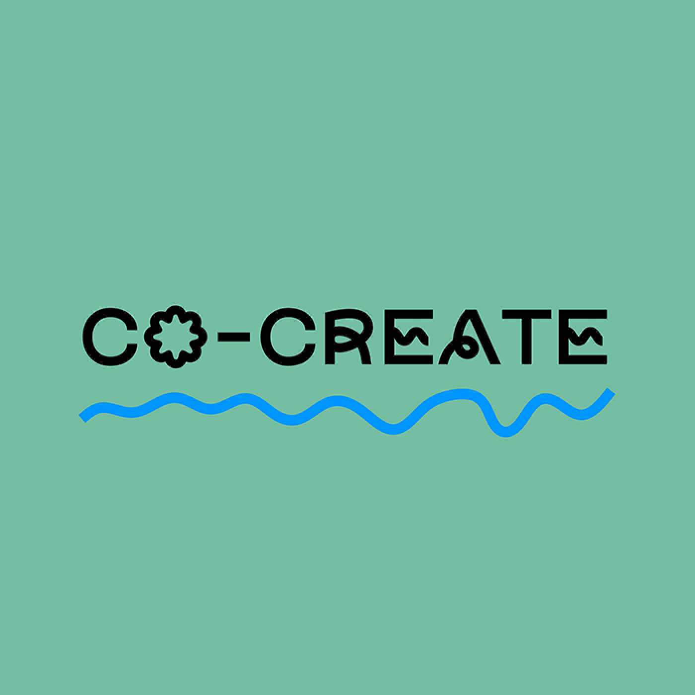 Co-Create against an aqua background with a blue squiggle underline