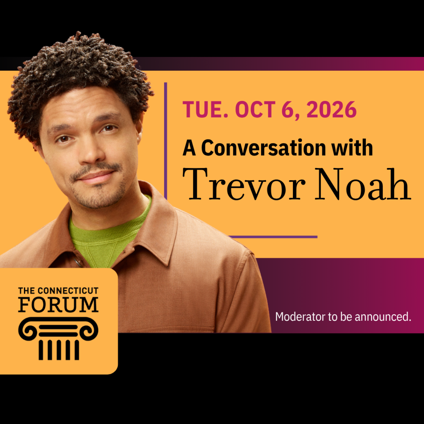 Trevor Noah pictured beside event details for A Conversation with Trevor Noah on October 6, 2026.