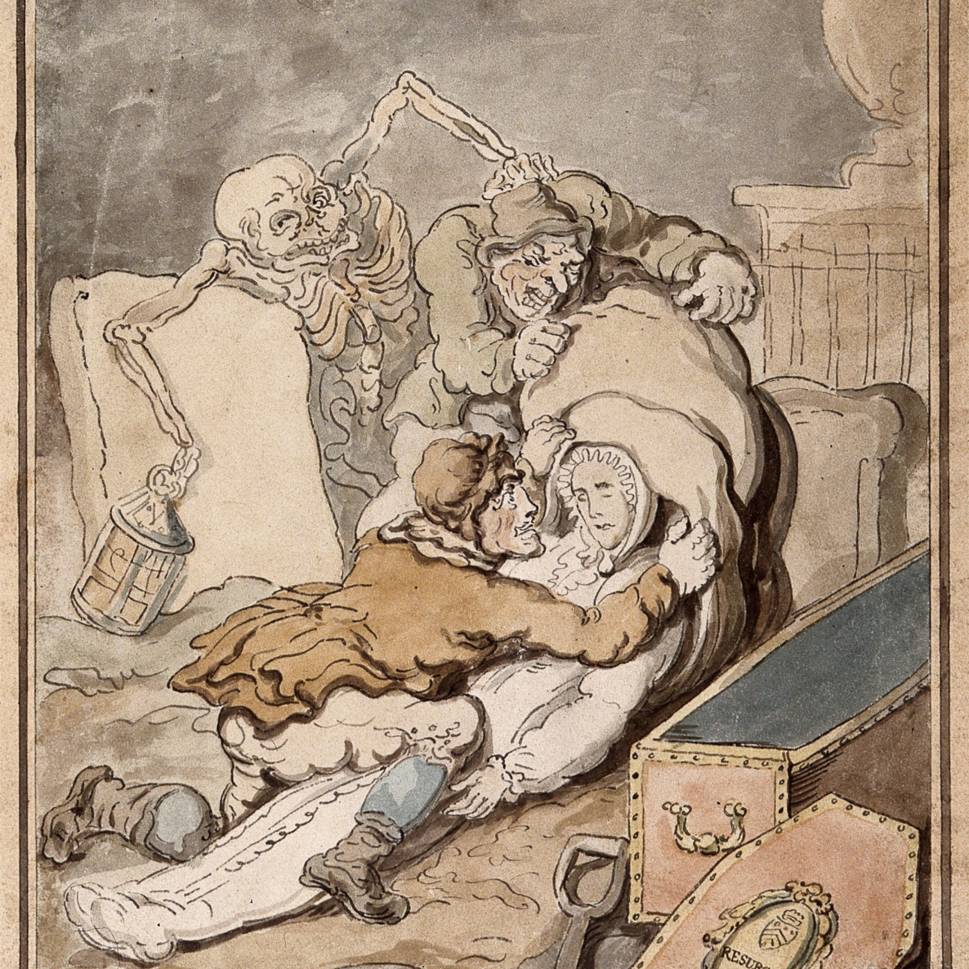 An image of grave robbers from 1755, with a skeleton watching.