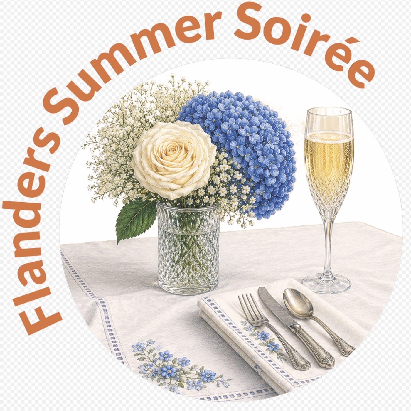 The image contains a vase with flowers, a champagne flute, and a fork, knife and spoon laying on top of a table.